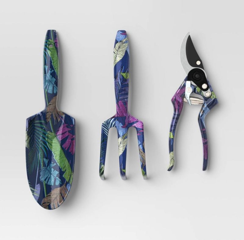 3pc Gardening Tool Set Dark Palm Banana Tropical Blue