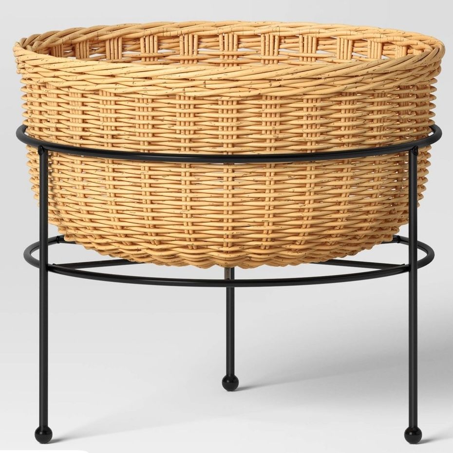 10.63&quot; x 12.12” Small Wicker/Metal Indoor Outdoor Plant Stand Black/Cream