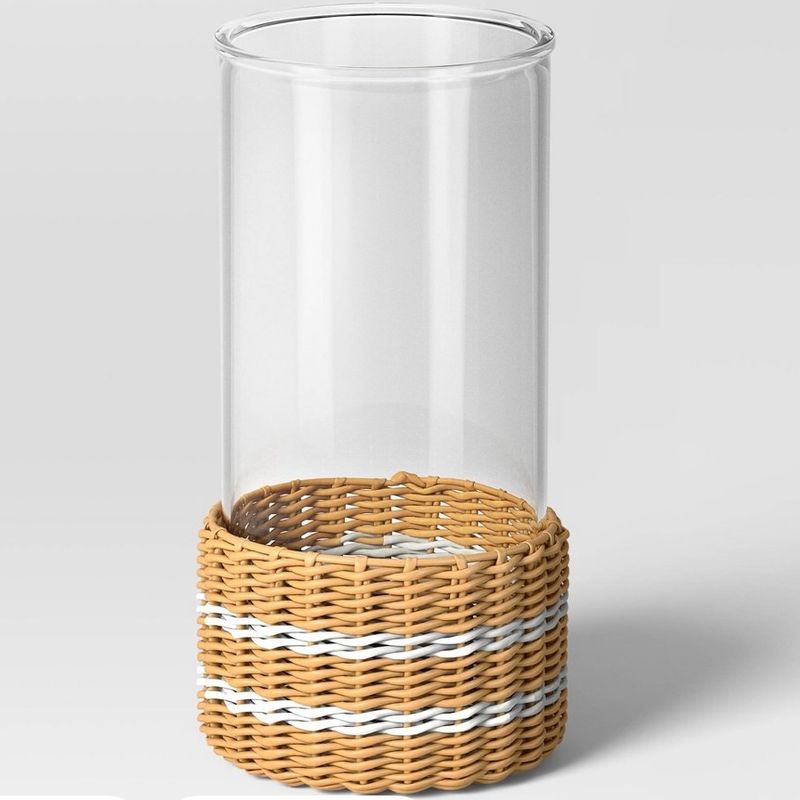 12&quot;x6.3&quot; Pillar Glass and Rattan Lantern Candle Holders Brown