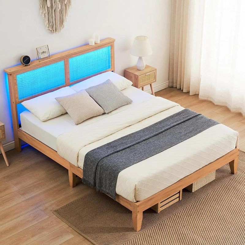 Full Bed Frame with Natural Rattan Headboard