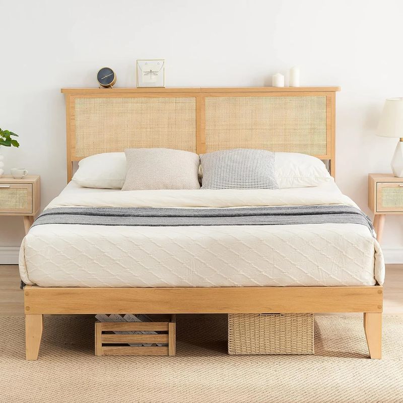 Full Bed Frame with Natural Rattan Headboard, LED Lights