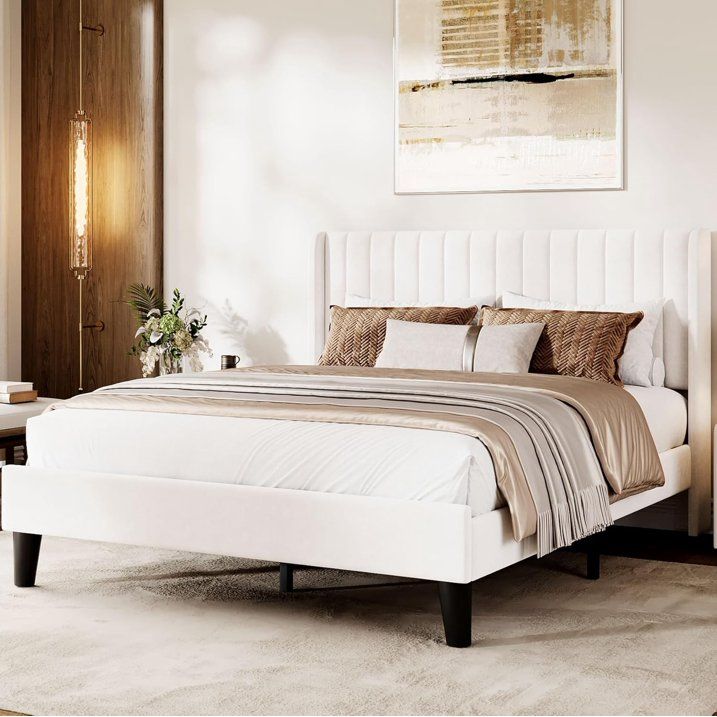 Queen Size Bed Frame with Wingback Headboard