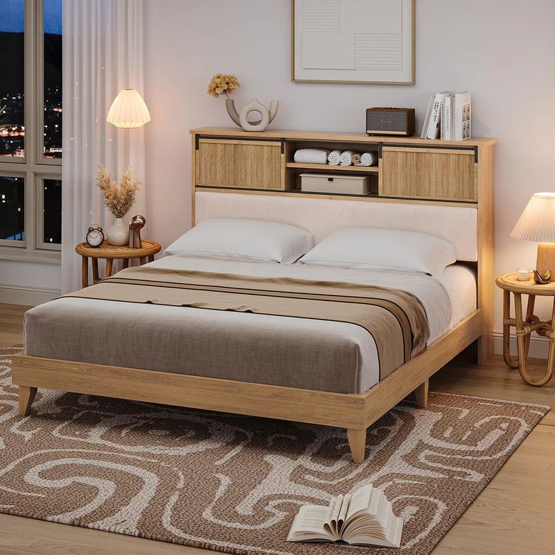 Rattan Full Bed Frame with Headboard &amp; Sliding Door