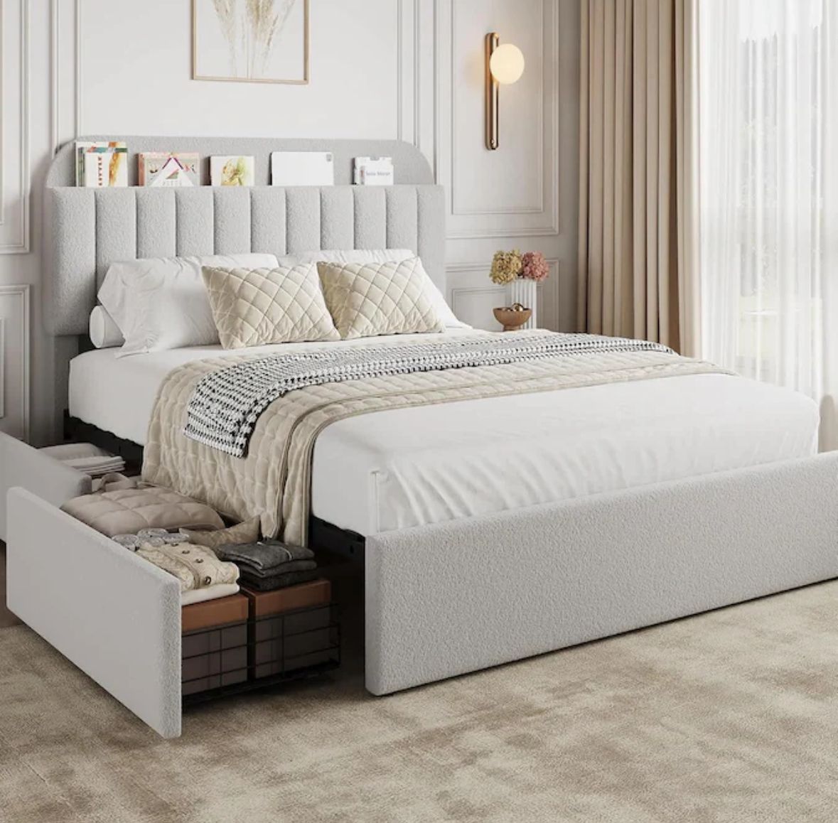 Queen upholstered bed frame W/ 2 drawers