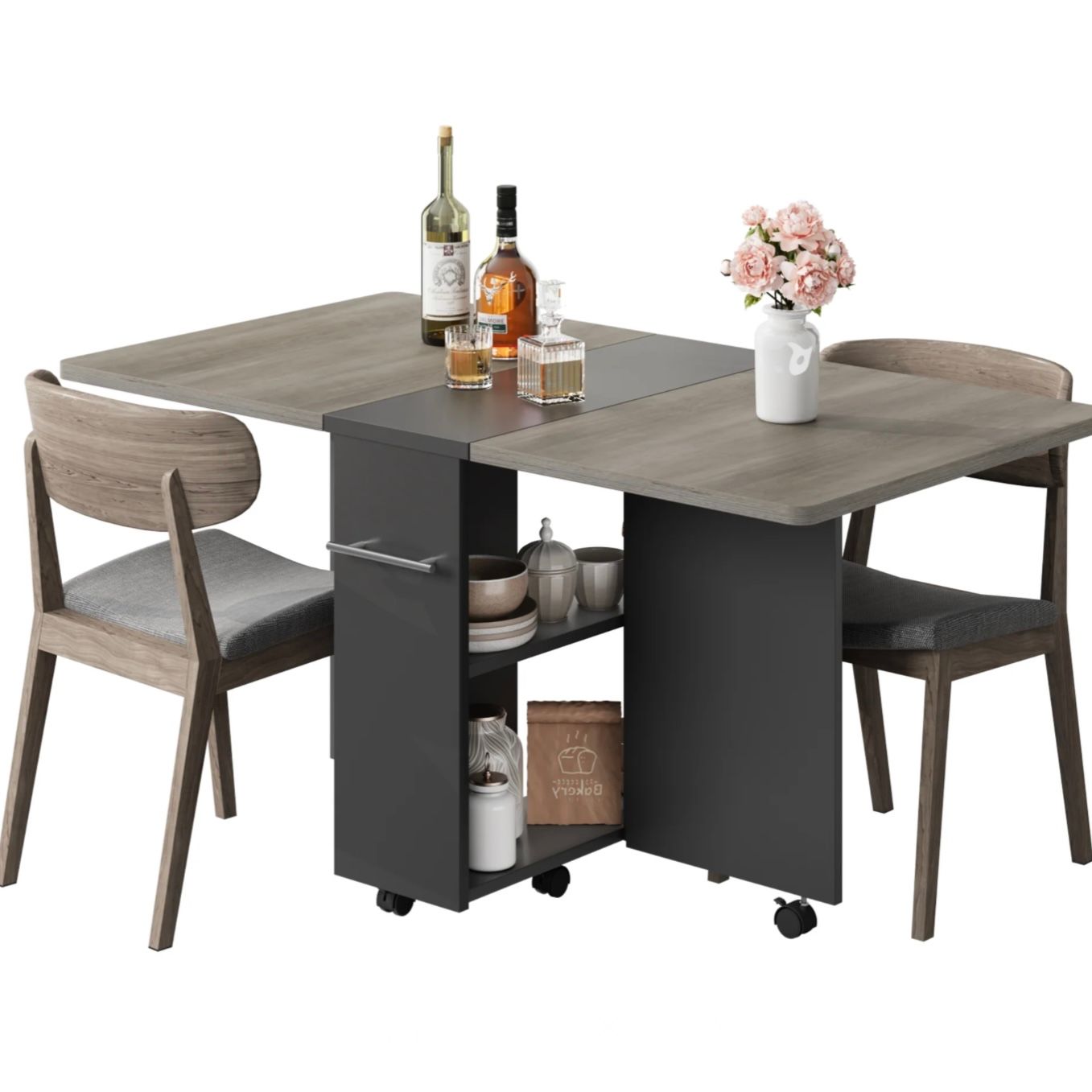 Folding Dining Table with 2 Tier Storage, Extendable Drop Leaf Farmhouse Grey