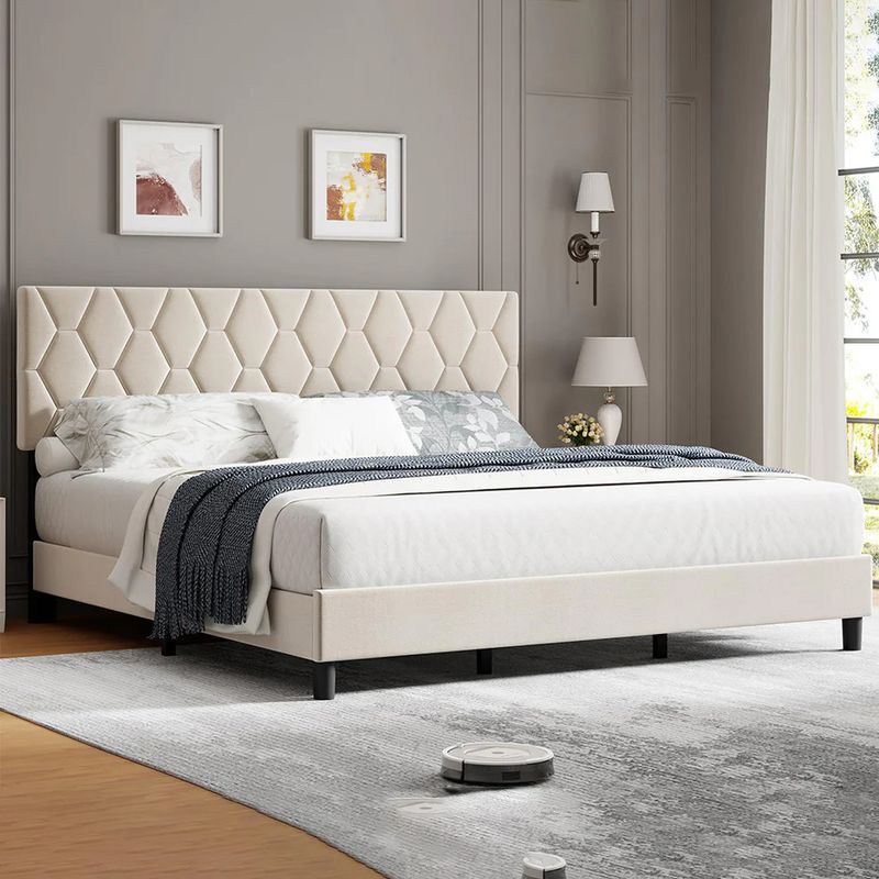 Queen Bed Frame with Headboard, Beige Upholstered