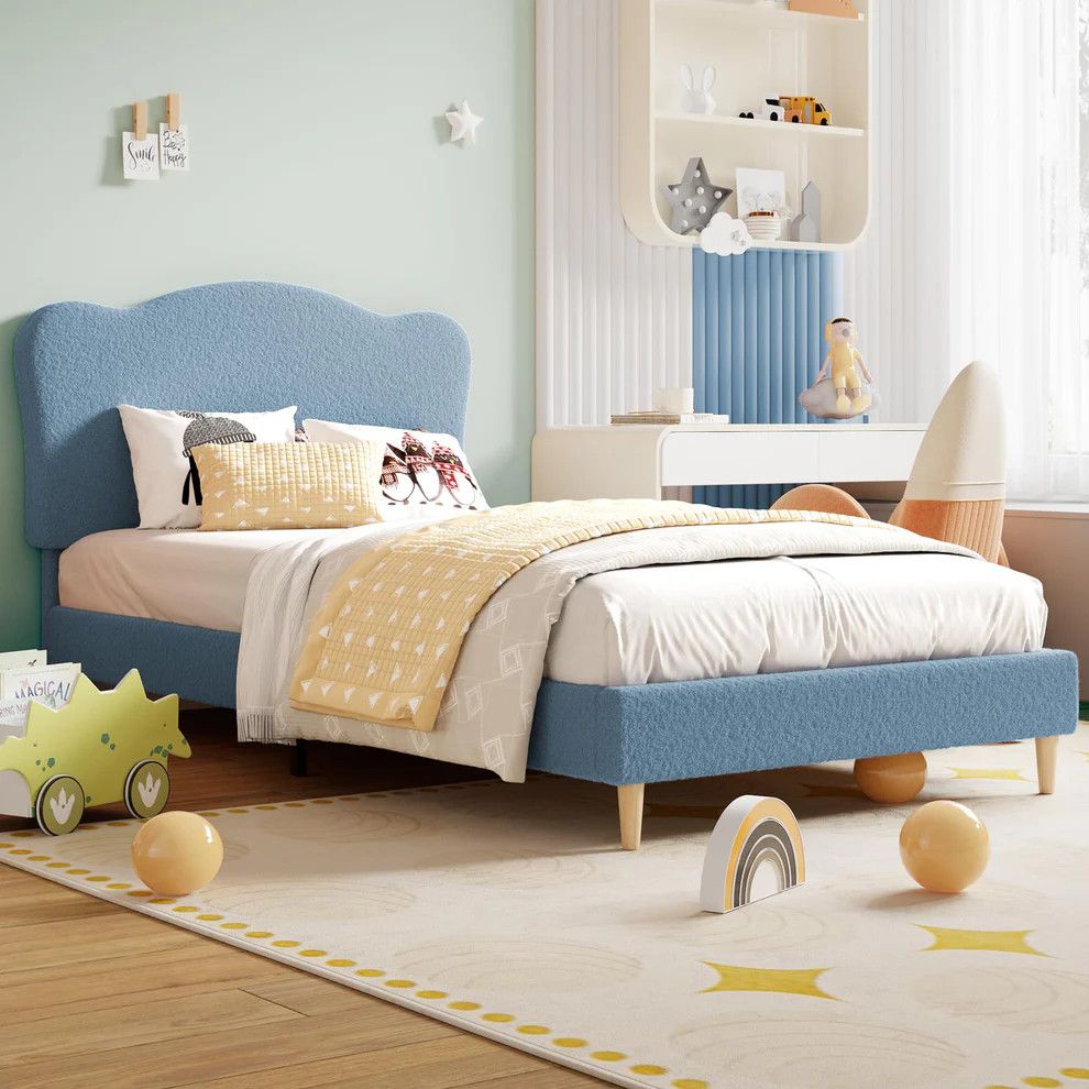 Twin Size Bed Frame for Kids with Scallop Headboard
