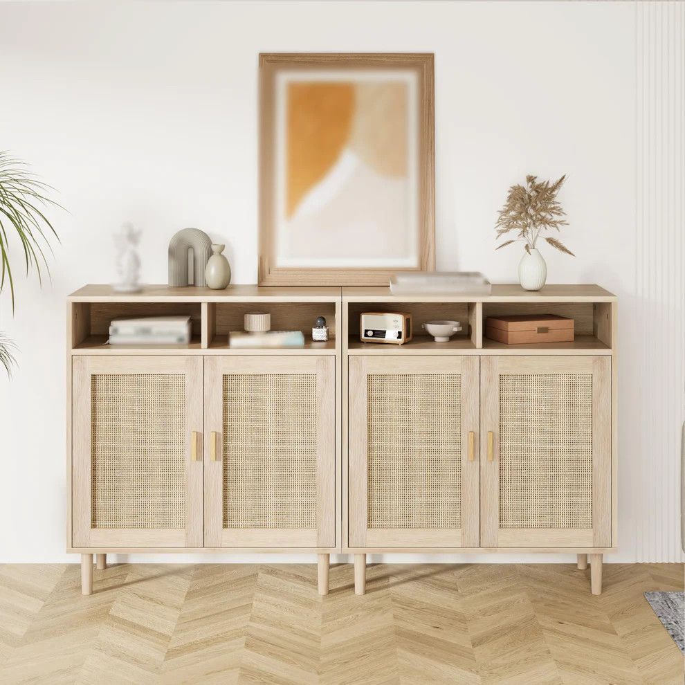 Set of 2 Sideboard Buffet Cabinet with Rattan Doors 63”