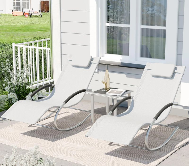 3 piece outdoor rocking lounge chair set - beige