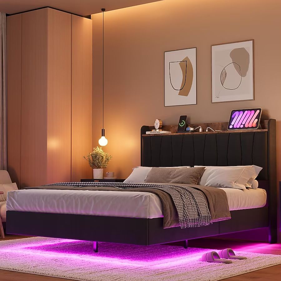 Full Floating Bed Frame with LED Lights Charging Station