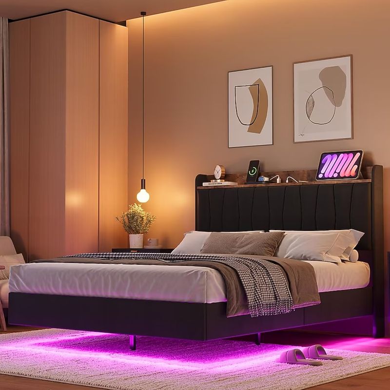 Full Floating Bed Frame with LED Lights Charging Station