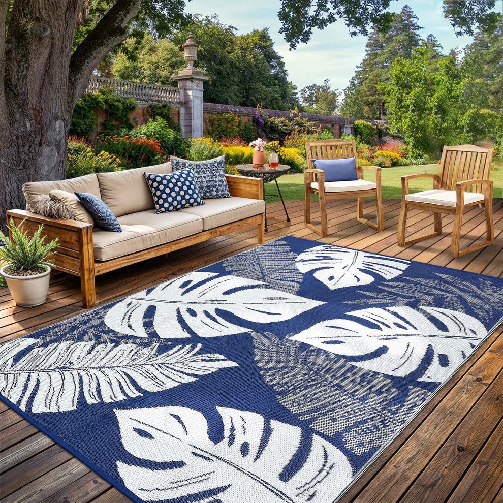 8x10 Rug Reversible Outdoor Plastic Straw Rug Modern Palm Leaves