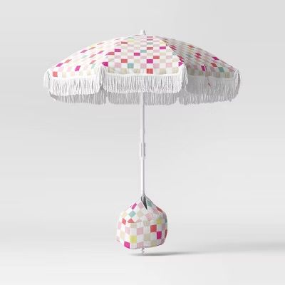 6' Outdoor Patio Beach Umbrella with Fringe Plaid Pattern - Sun Squad