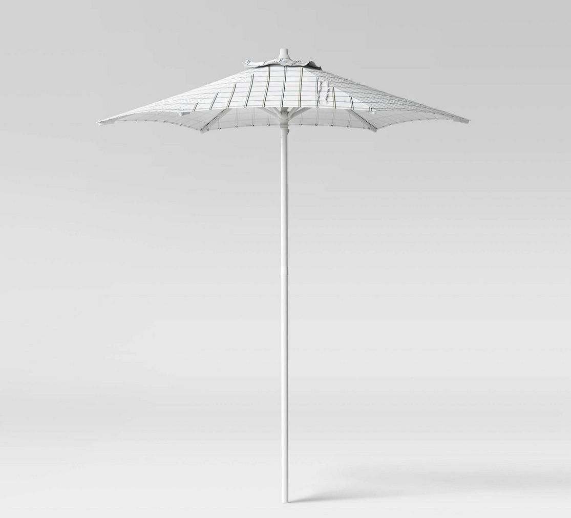 6' Round  Outdoor Patio Market Umbrellas - White Plaid - White Pole