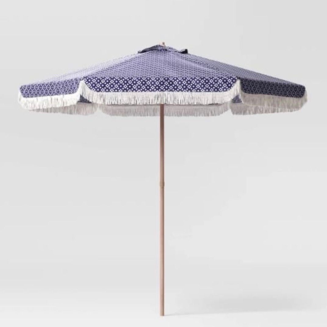 7.5' Quatrefoil Fringe Edge Outdoor Round Patio Market Umbrella