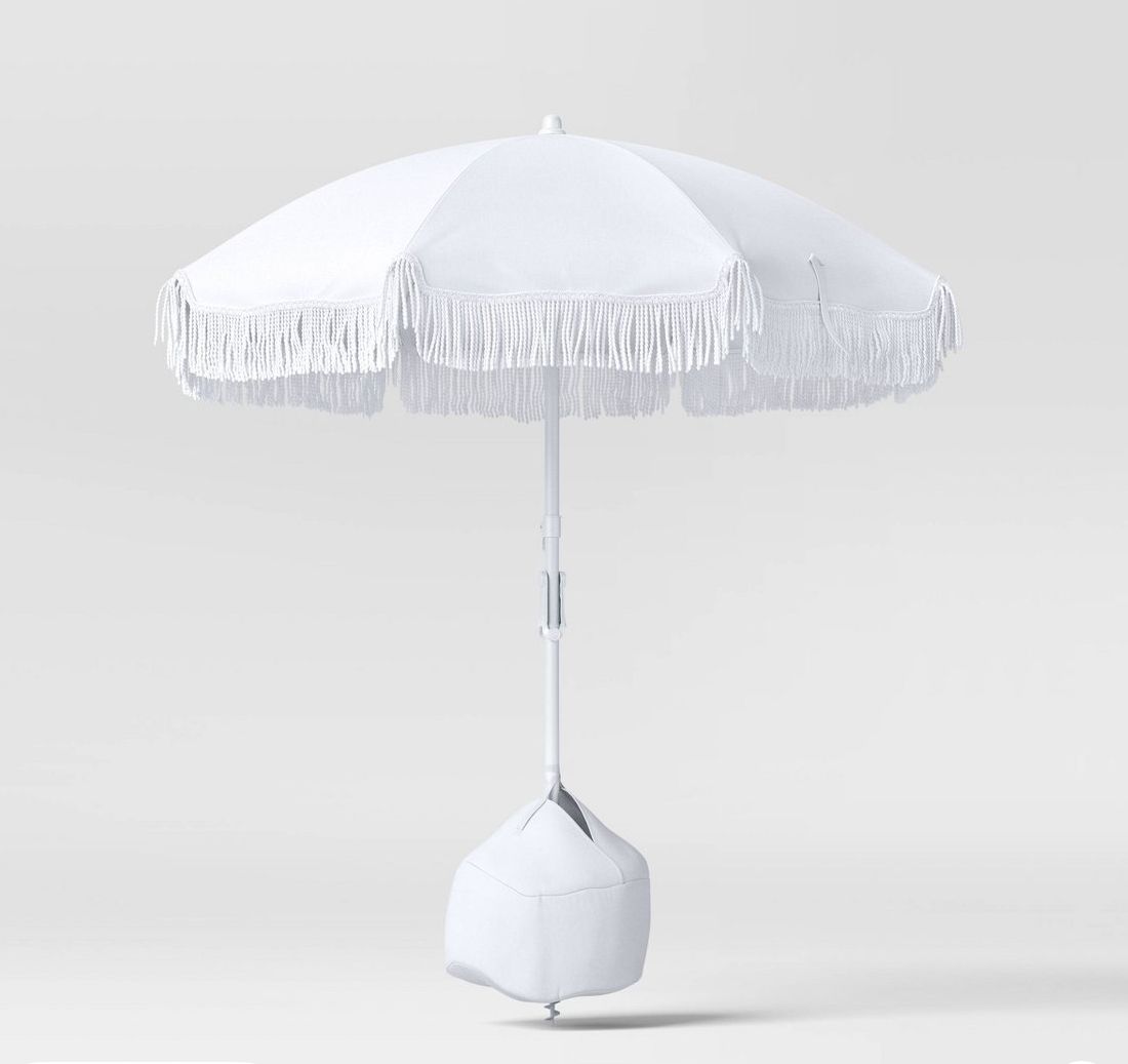 6' Outdoor Patio Beach Umbrella with Fringe White - Sun Squad