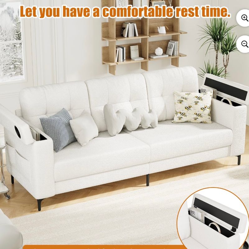 83” Upholstered Sofa - w/armrest cup holder,  White