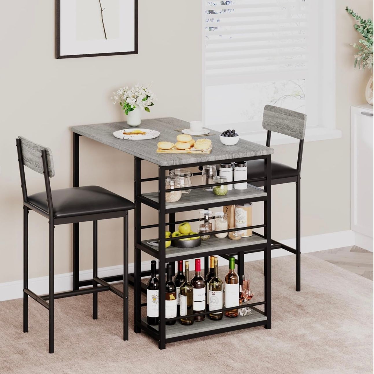 Dining Table Set for 2 with 3 Tiers Storage Open Shelves