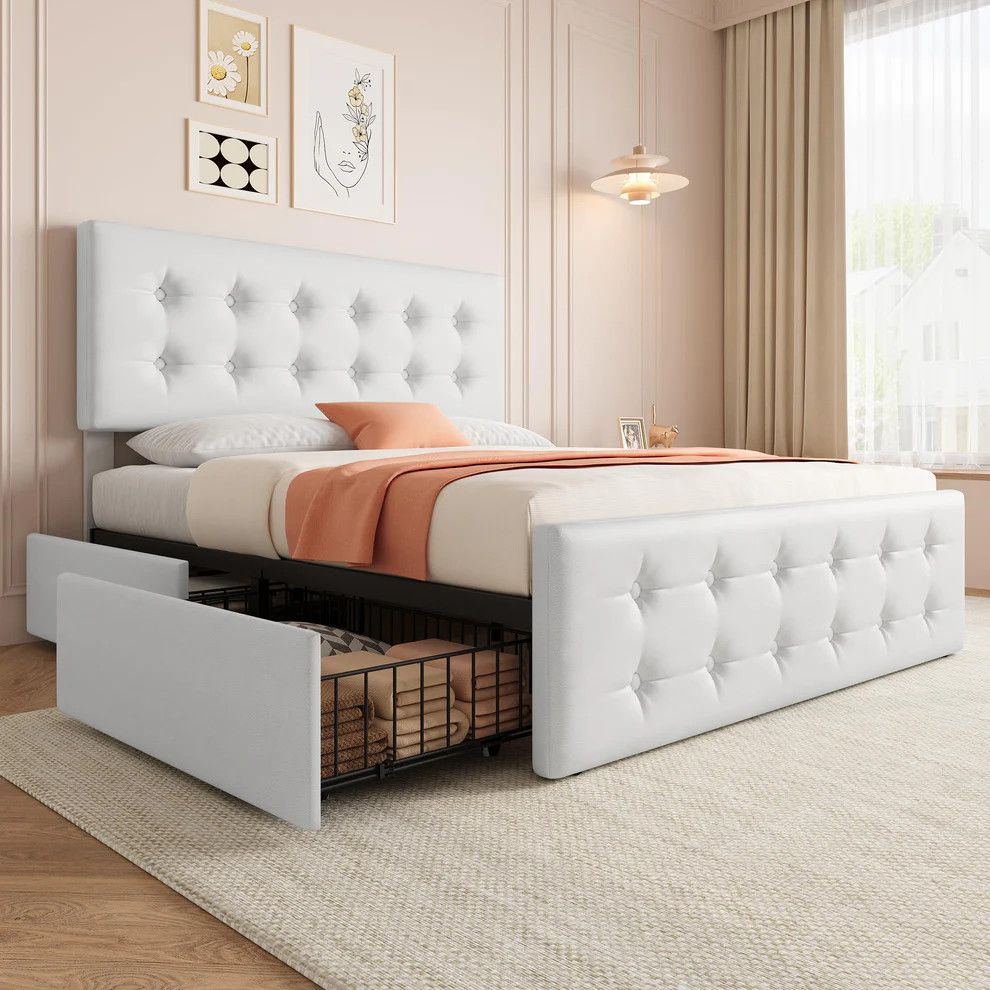 Queen Size Bed Frame with 4 Storage Drawers
