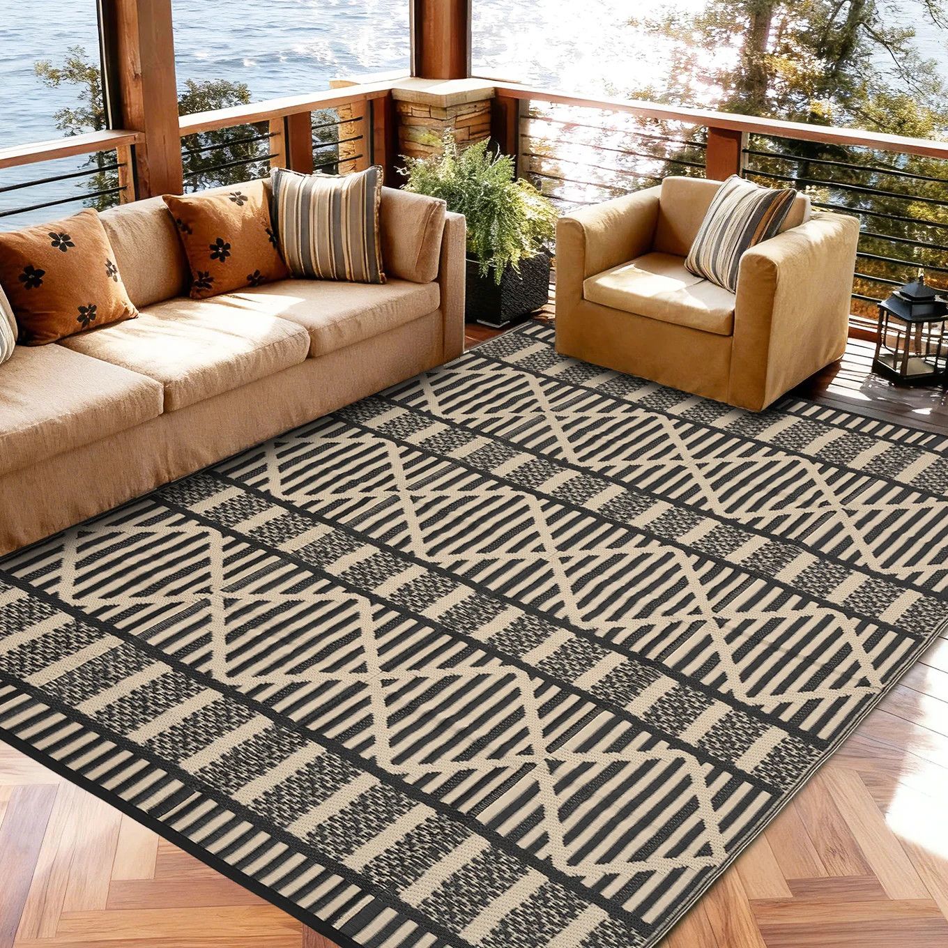 Outdoor 9x12 Black Coffee Boho Patio Mat