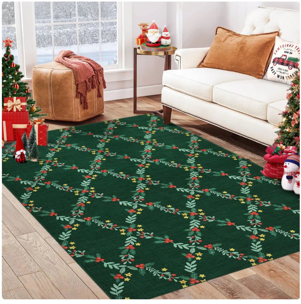 5x7 Rug Modern Christmas Wreath Plaid Indoor Floor Cover