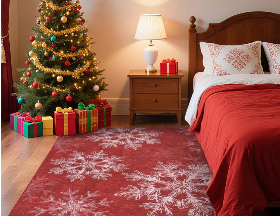 5x7 Red Snowflake Winter Washable Area Rug