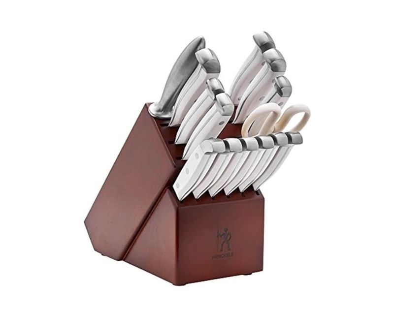 HENCKELS 15-Piece White Handle Knife Set with Block, Dark Brown