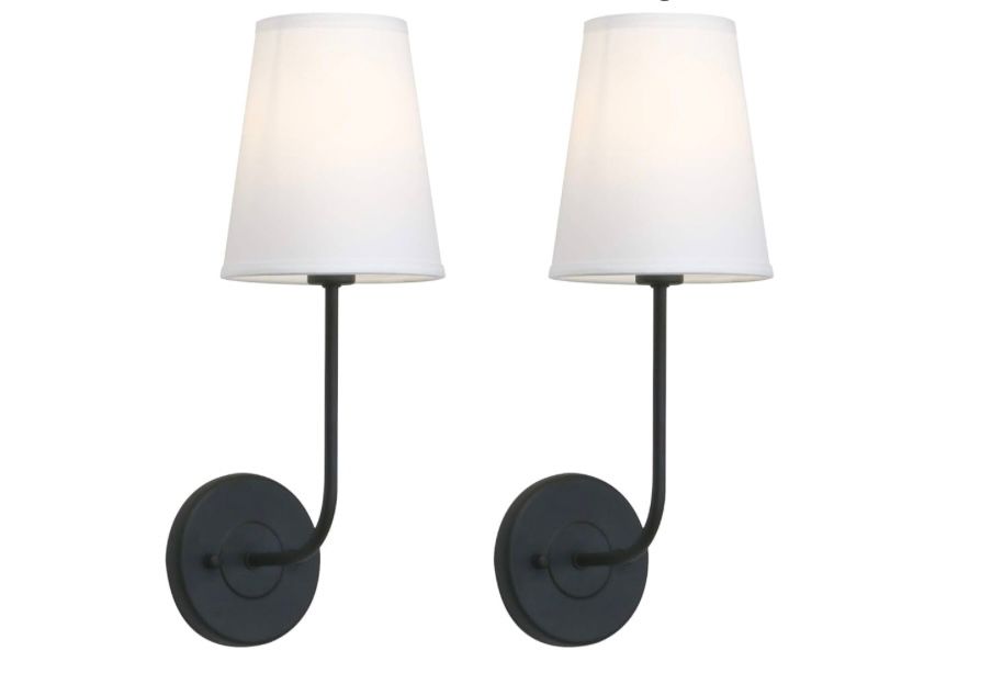 Pathson Set of 2 Vintage Wall Sconces Lighting White Fabric Shade, Hardwired Bathroom Wall Light Fixtures Decor for Bedroom Living Room(Black)