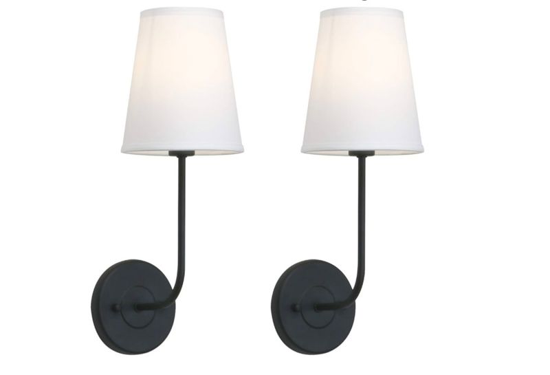 Pathson Set of 2 Vintage Wall Sconces Lighting White Fabric Shade, Hardwired Bathroom Wall Light Fixtures Decor for Bedroom Living Room(Black)