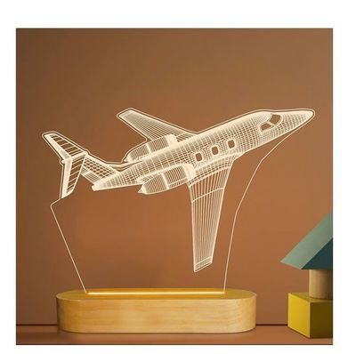 Airplane Night Light 3D Illusion Lamp, Wood Base w/ USB Power