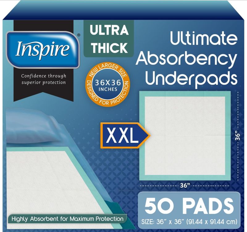 Inspire Extra Large Super Absorbent Disposable Bed Pads for Chronic Incontinence Ultra Thick and Absorbent Bed Pads Disposable Adult | Pee Pads for Adults (36" X 36" Pack of 50)
