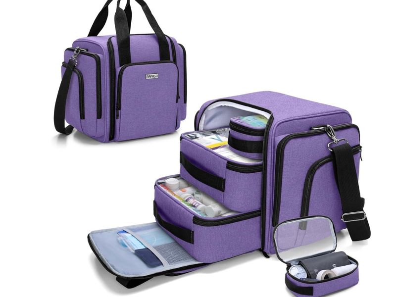 BAFASO Large Pill Bottle Organizer with 4 Inner Removable Pouches, Medicine Bag Come with Shoulder Strap (Bag ONLY),Purple