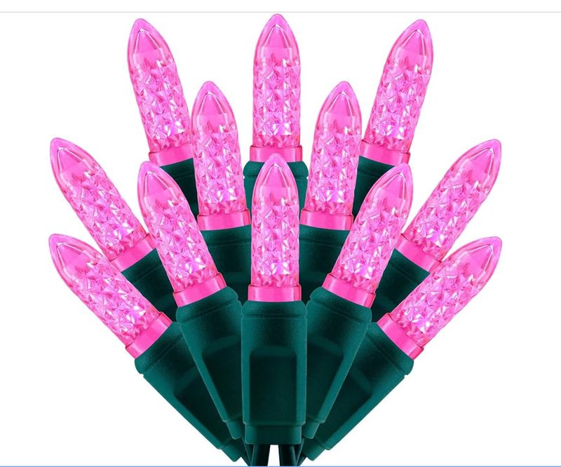 YULETIME Pink One-Piece Faceted Christmas Lights 100 Count 33 Feet, High Waterproof UL Certified M6 String Light (Pink)