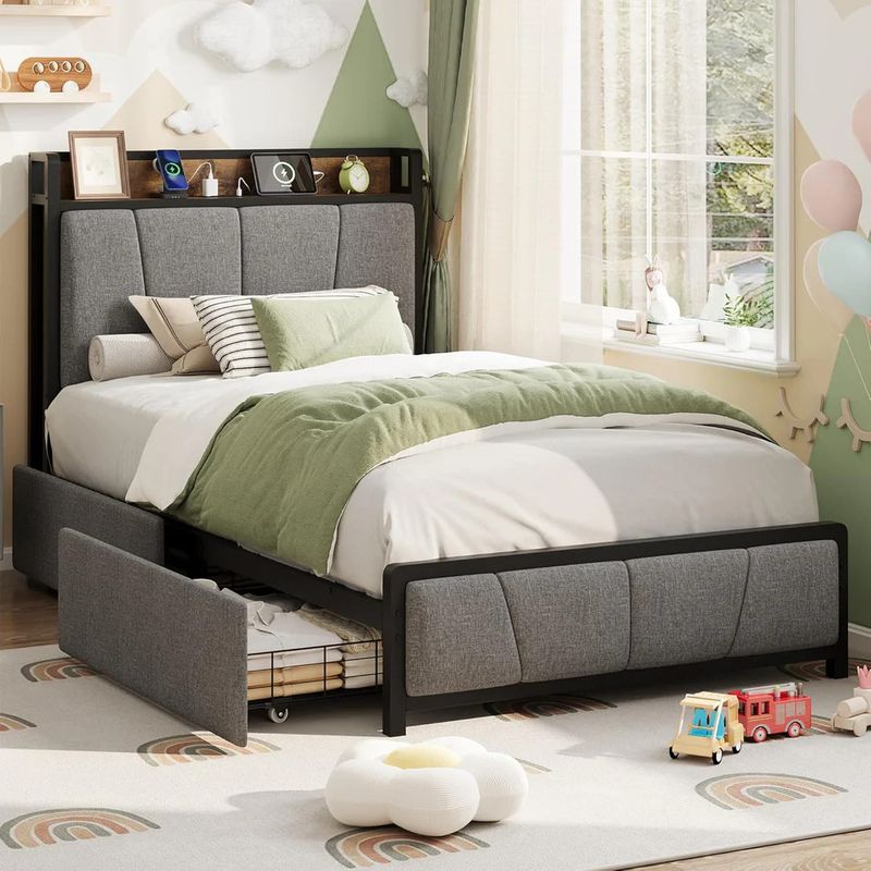 Twin Size Bed Frame with 2 Storage Drawers
