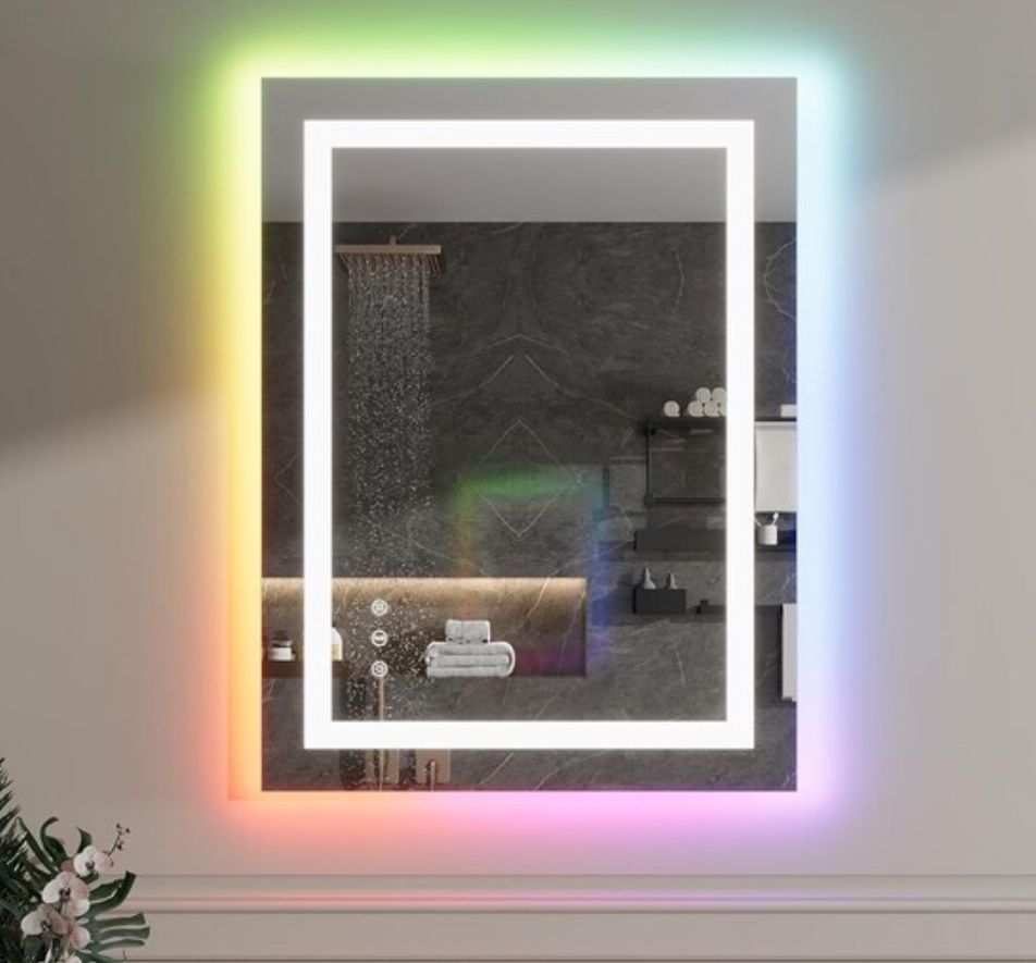 LED vanity light with defog and RGB