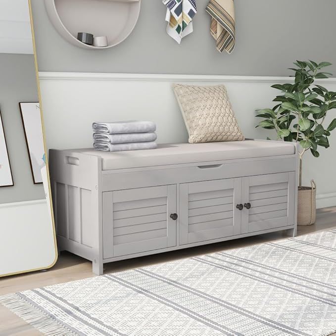 Storage Bench with 3 Shutter-Shaped Doors 44inch