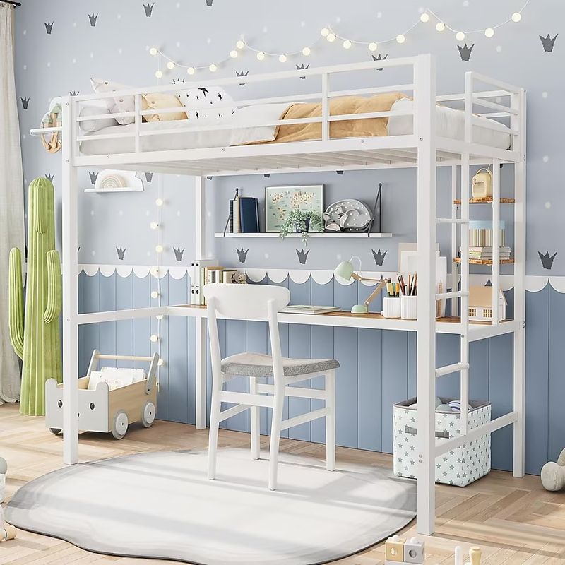 Twin Size Metal Loft Bed with Large Desk and Storage Shelves