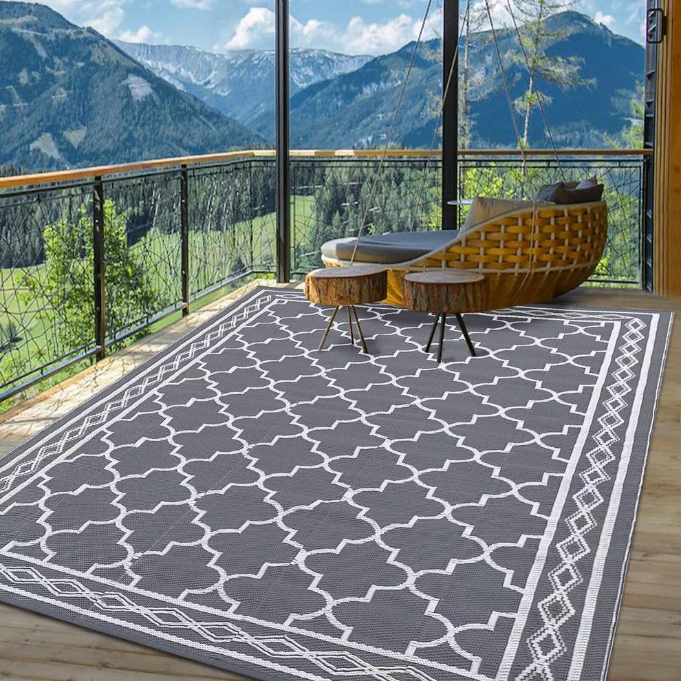 Outdoor Grey 5x8 Waterproof Reversible Moroccan Print