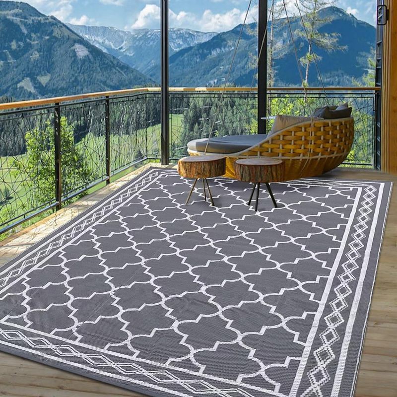 Outdoor Grey 5x8 Waterproof Reversible Moroccan Print