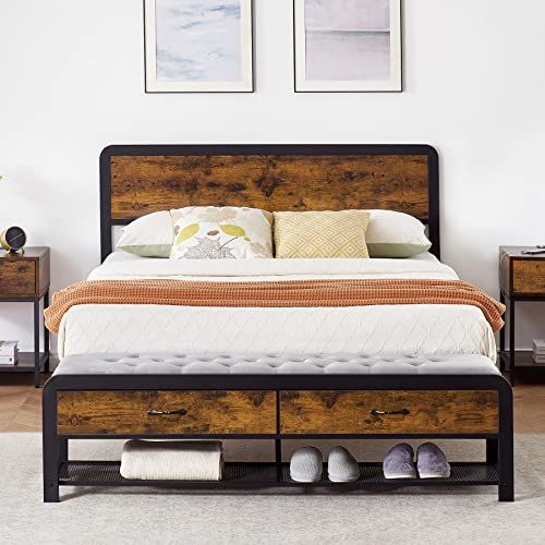 Garvee Full Size Platform Bed Frame with Upholstered Ottoman