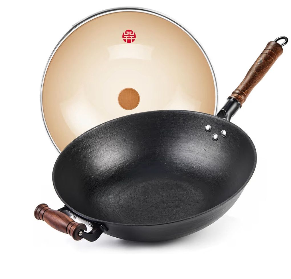 WANGYUANJI Cast Iron Wok,13.4 inch Flat Bottom Wok with Glass Lid