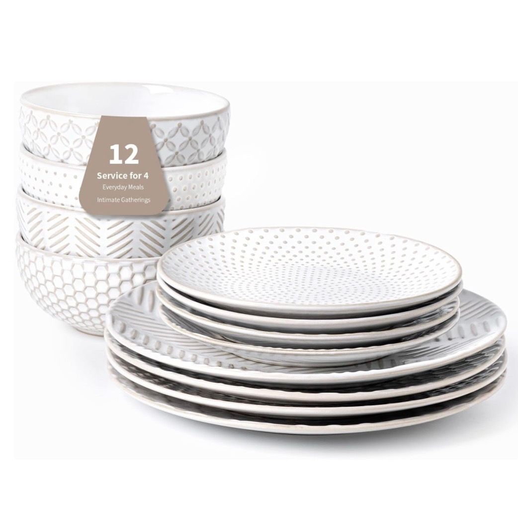 FOBENTA 12 Piece Embossed Dinnerware Sets for 4