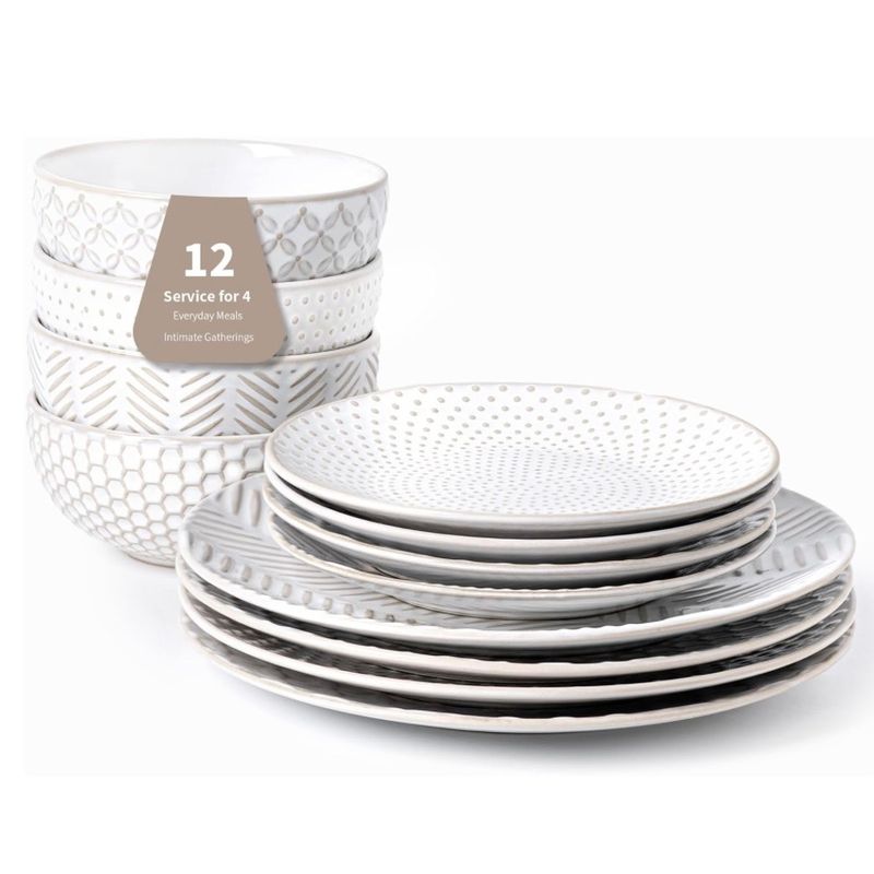 FOBENTA 12 Piece Embossed Dinnerware Sets for 4