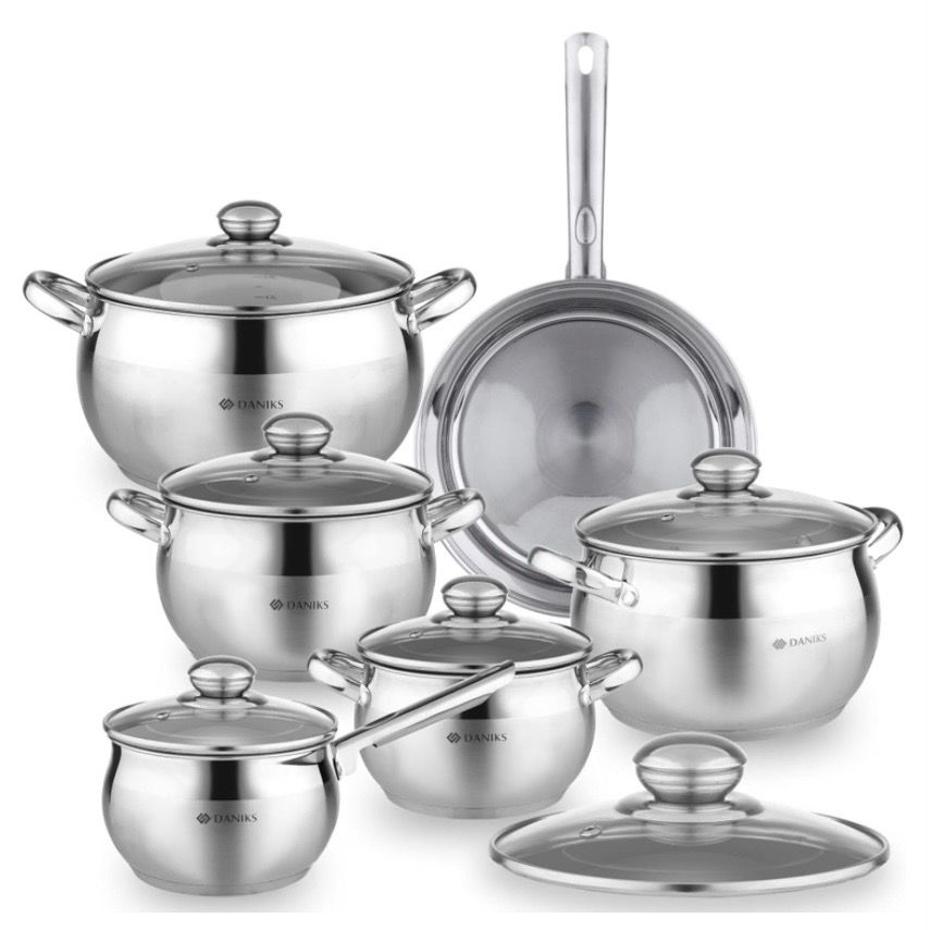 Classic 12-Piece Stainless Steel Cookware Set with Glass Lids
