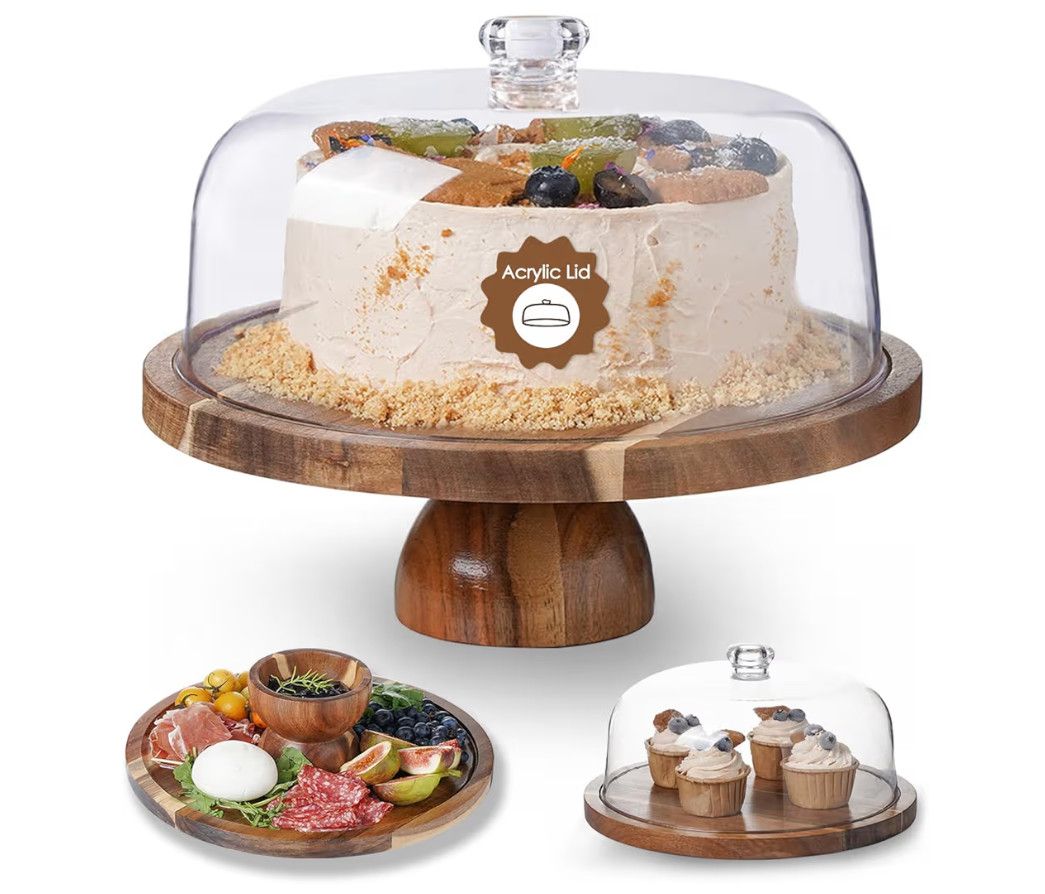 Acacia Wood Cake Stand with Acrylic Lid - 12in Cake Plate
