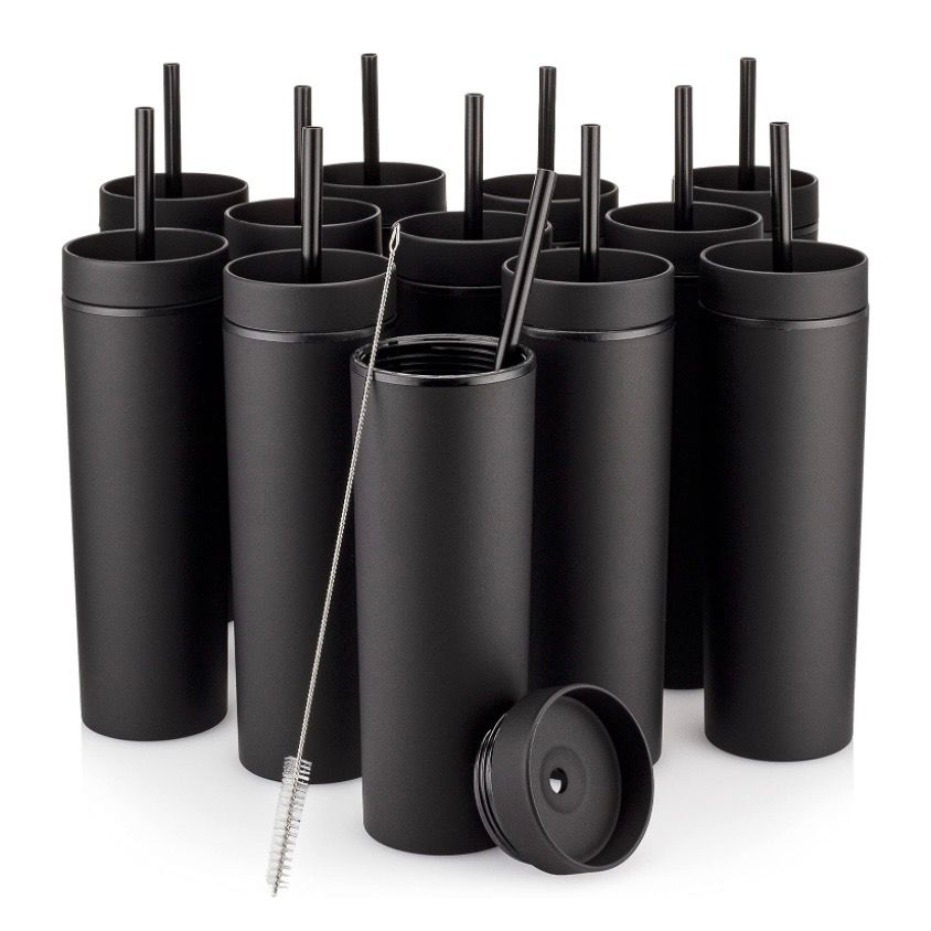 Black Skinny Tumblers with Lids and Straws (12 pack) - 16oz