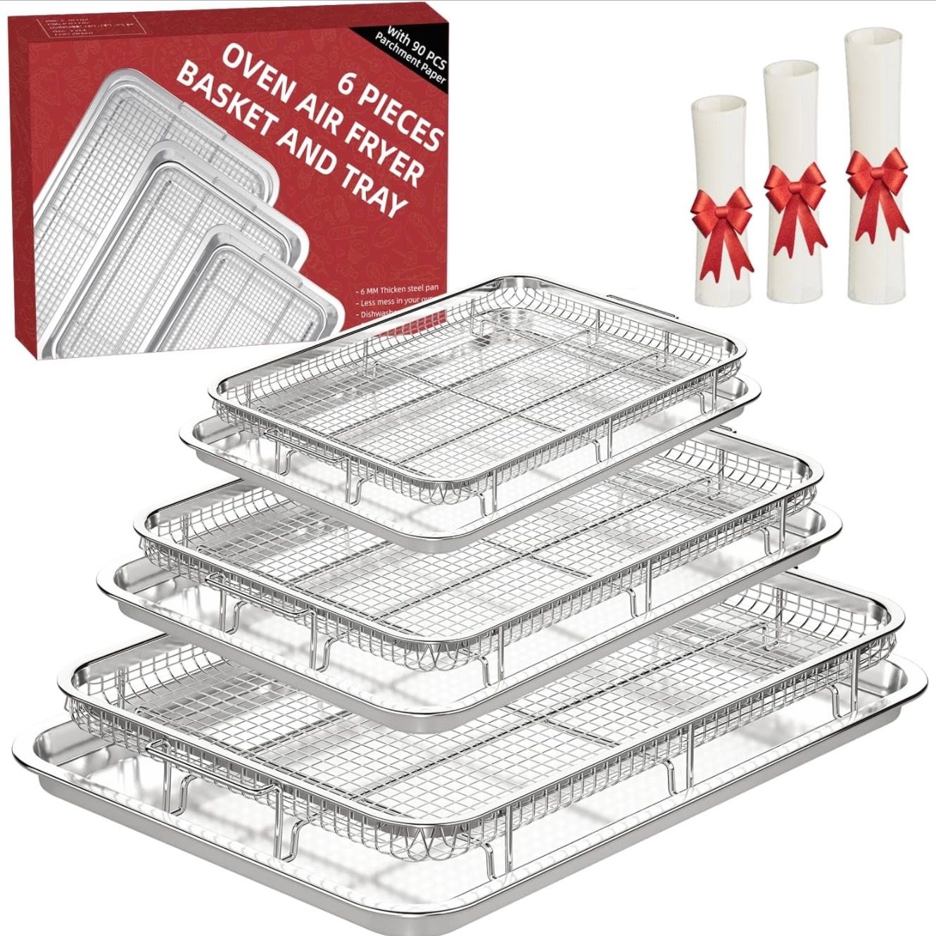 Air Fryer Basket for Oven, 3 Set Stainless Steel Oven Air Fryer Basket and Tray