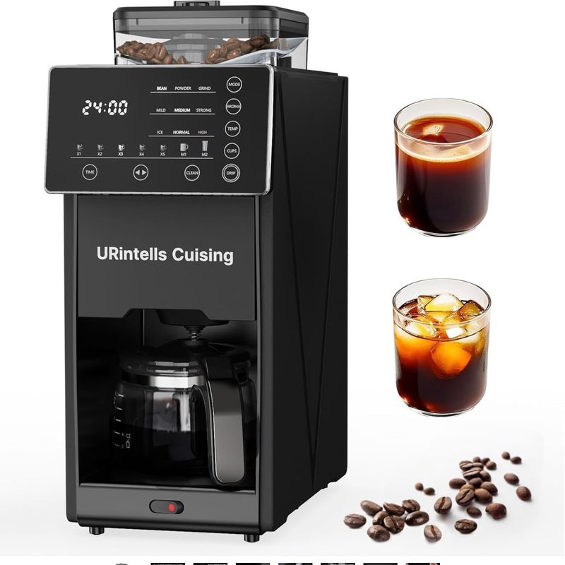 URintells Cuising Coffee Maker with Grinder, Programmable Hot and Cold Coffee Maker with 22 oz Glass Carafe, Fully Automatic Coffee Machine with Timer, Removable Filter, Black Americano Coffee Machine