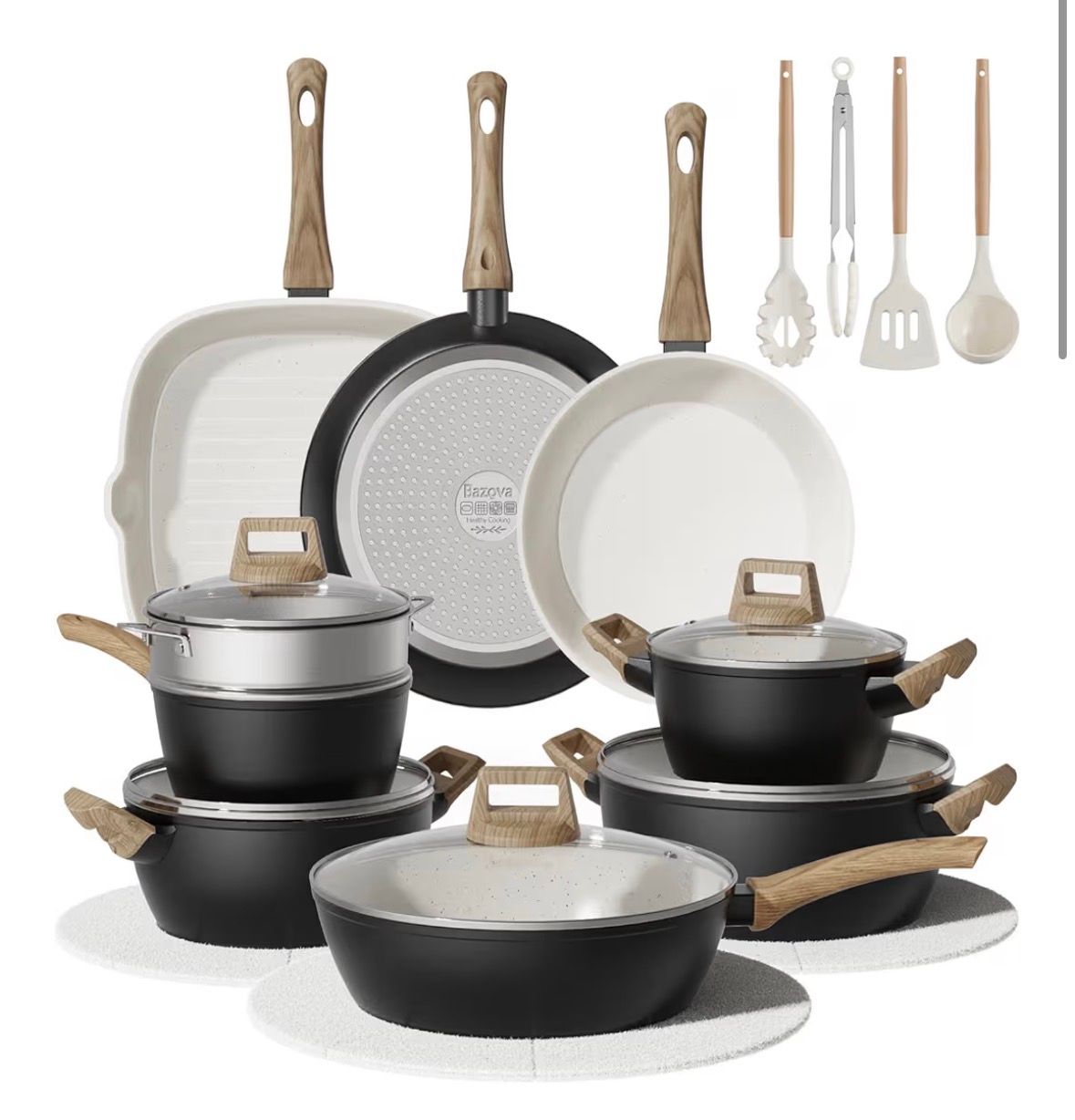 Bazova Pots and Pans Set, 24-Piece Non Stick Ceramic Cookware Set