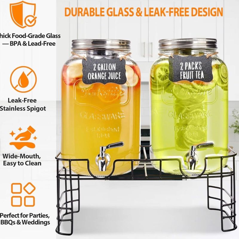1 Gallon Glass Drink Dispenser 2 Pack - Drink Dispenser with Stand